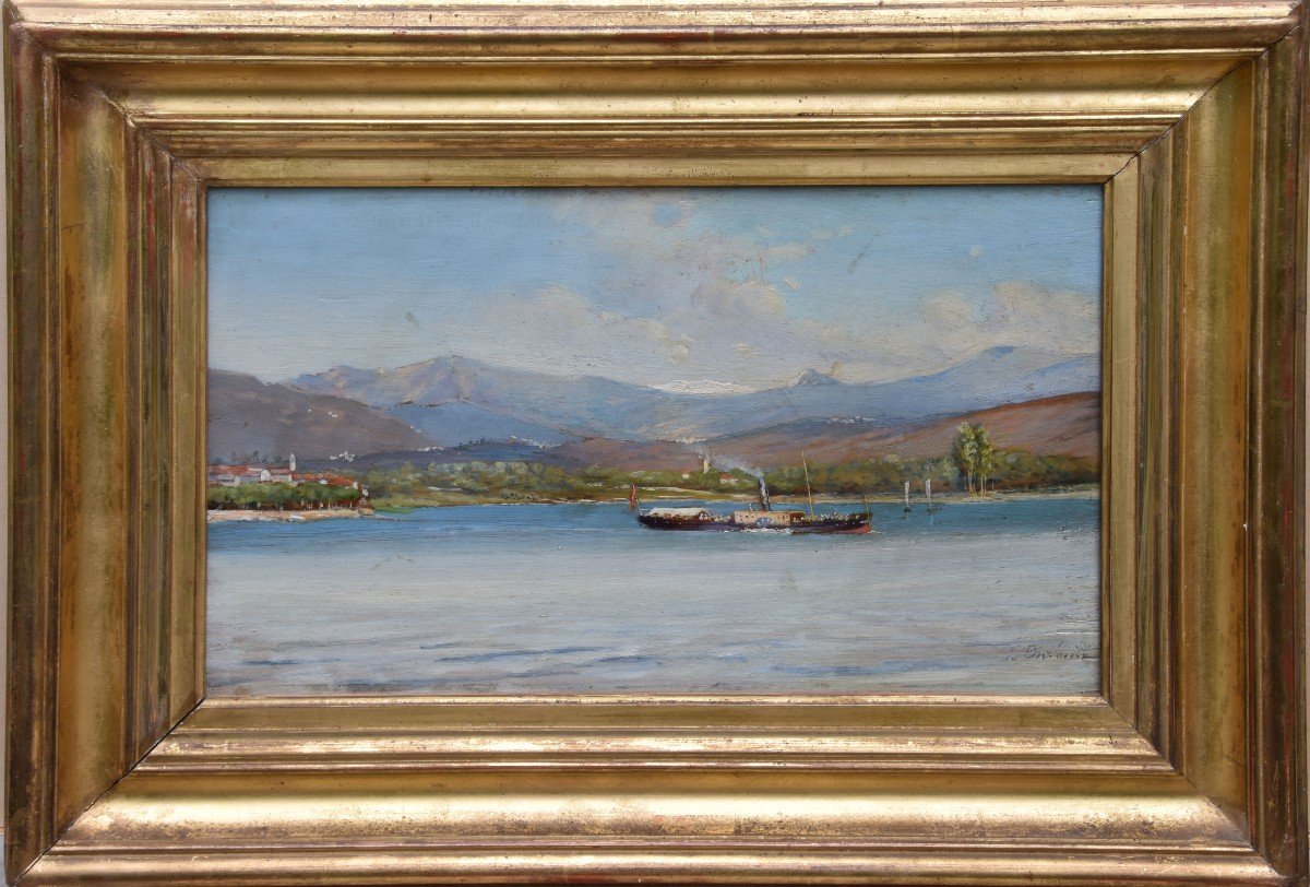 Léopoldo Burlando "lake Como" Oil On Panel 18x31